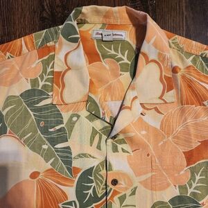 Tommy Bahama 100% Silk Orange Green Floral Leaves Short Sleeve Button up XL
